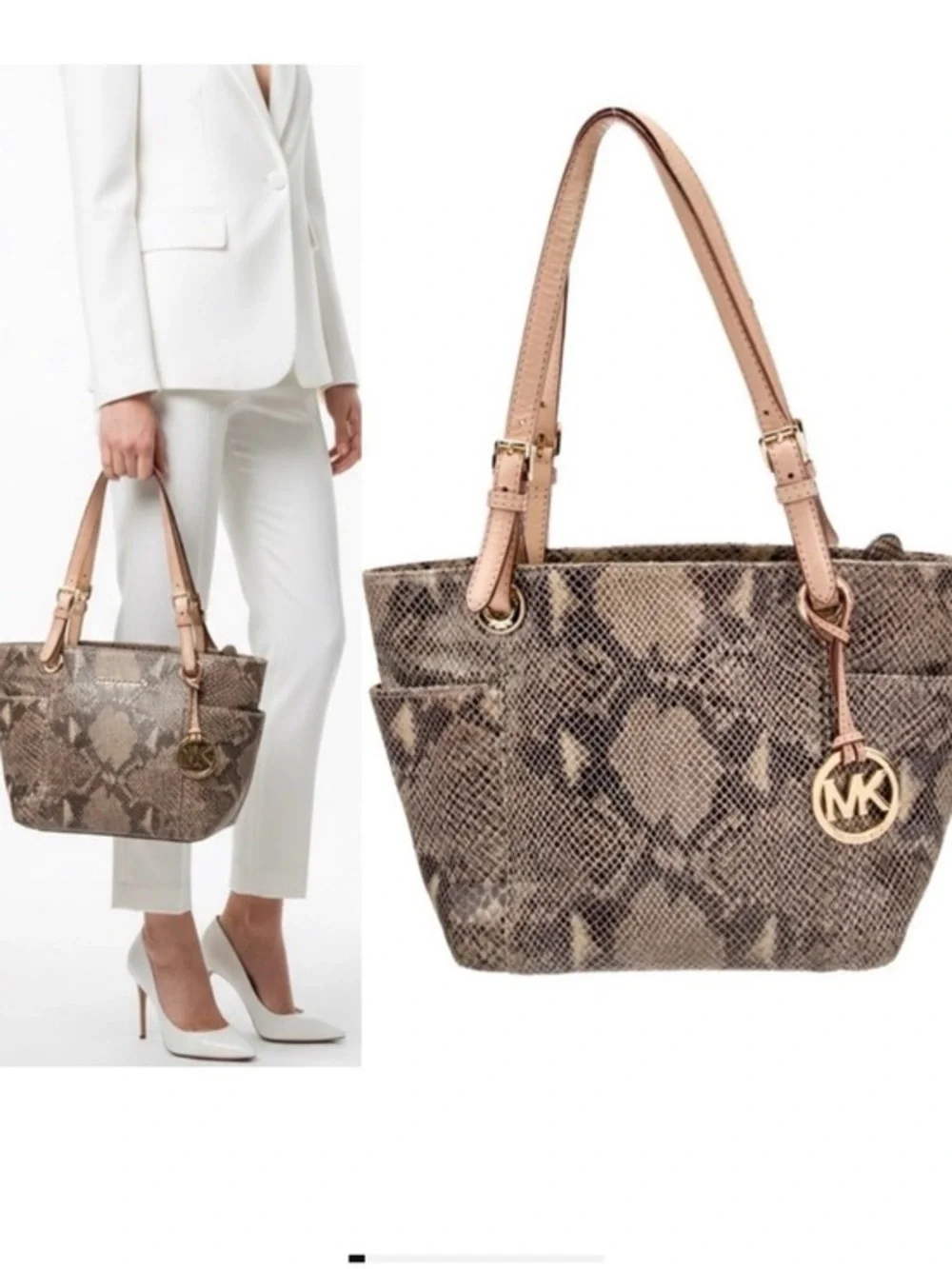 Michael Kors Jet Set Python Embossed Leather Gold Metallic Lined Shoulder Bag